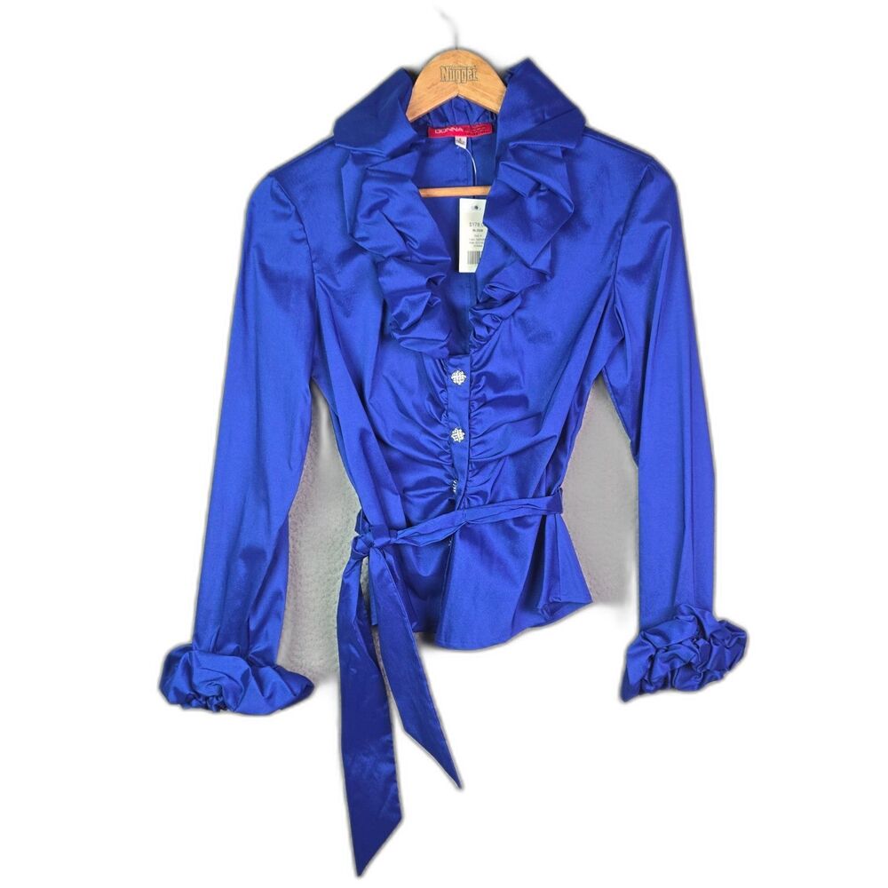 Donna Ricco Blouse Blue 8 Ruched Front Tie Waist Rhinestone Statement Sleeves
